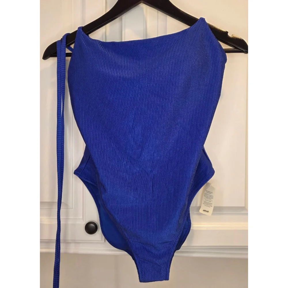 Aerie Blue Ribbed One Shoulder Wrap Tie One Piece Swimsuit NWT Size L